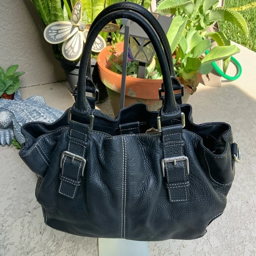 Michael Kors Brooksville Black Leather Dual Handles Satchel Bag Purse - Picture 4 of 10